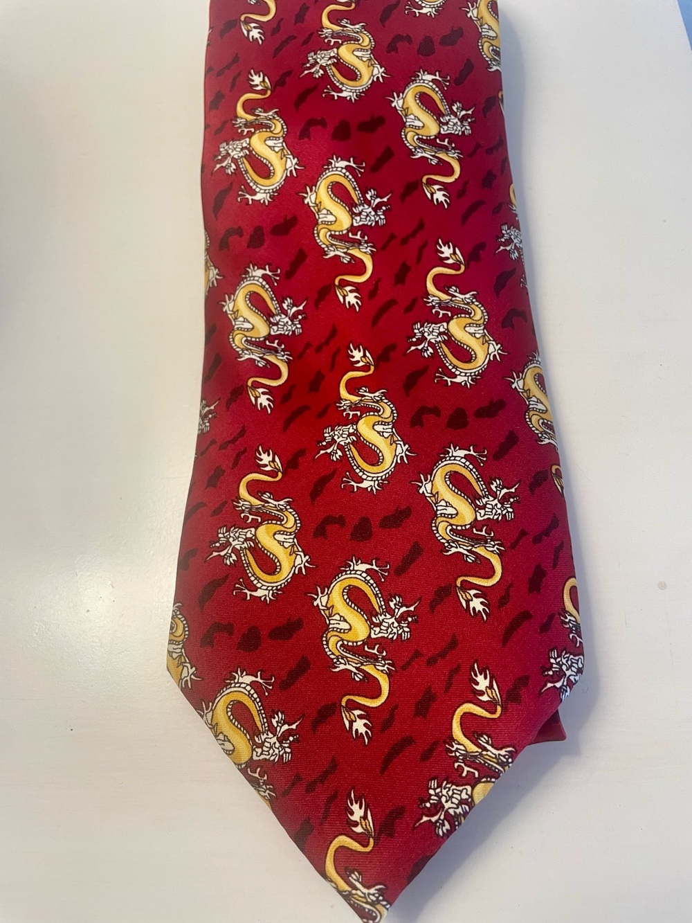 Giorgio Armani Tie Red Silk Satin with Gold Chinese Dragons Italy